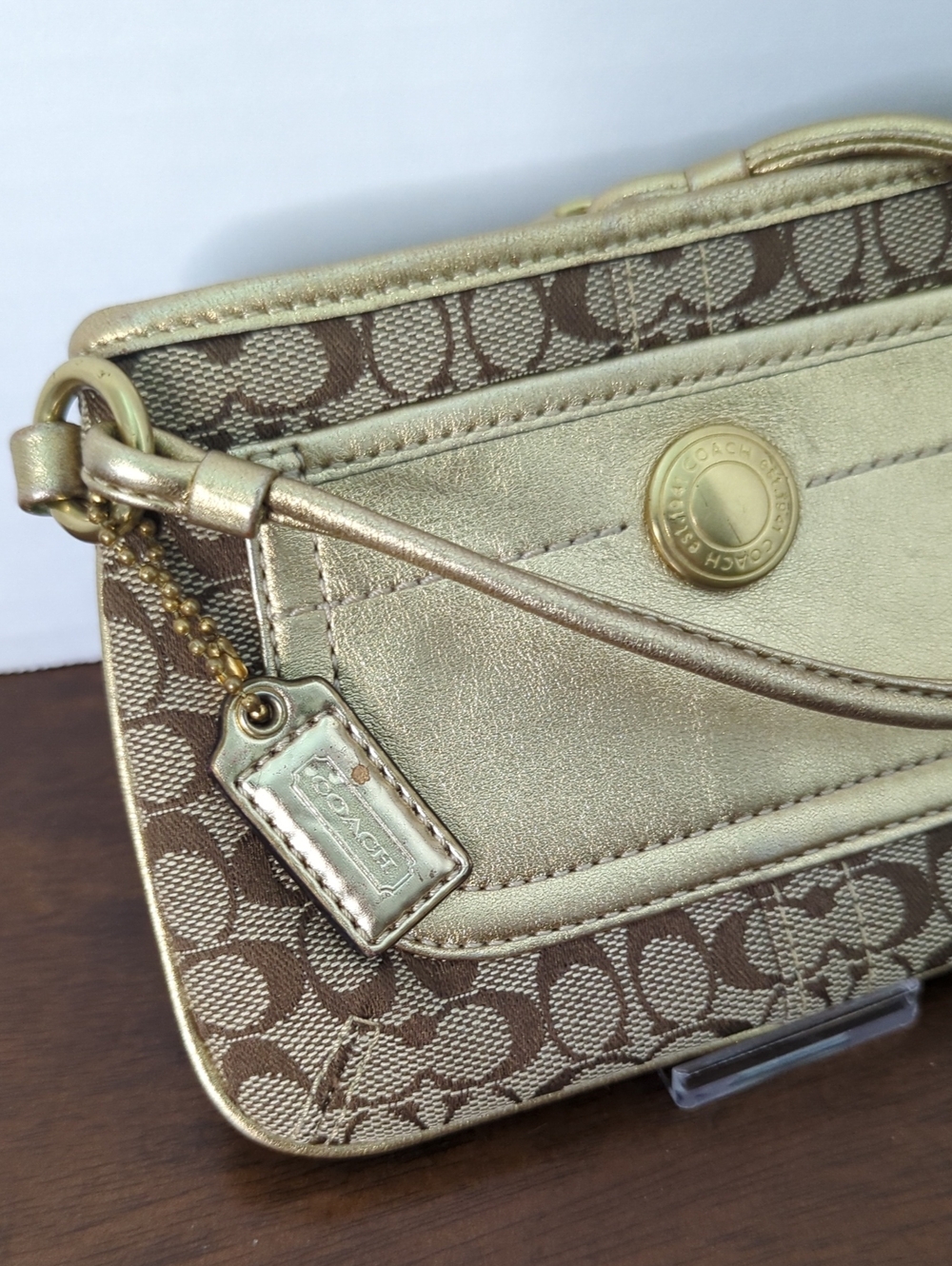 Coach Signature Canvas and Leather Wristlet With Snap Head, Tattersall Lining - Picture 3 of 10